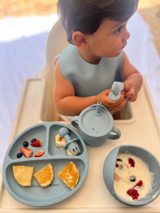 Explore our Silicone Baby Feeding Set, a perfect combination of safety and style for your little one's mealtime adventure. This BPA-free and hypoallergenic dinnerware includes soft silicone spoons, colorful plates with dividers, and a secure suction bowl. Our innovative and easy-to-clean design ensures a delightful and mess-free dining experience. 